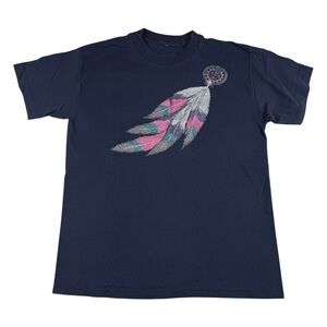 90s Vintage Boho Navy Blue Feather Glitter Graphic Tee Single Stitch